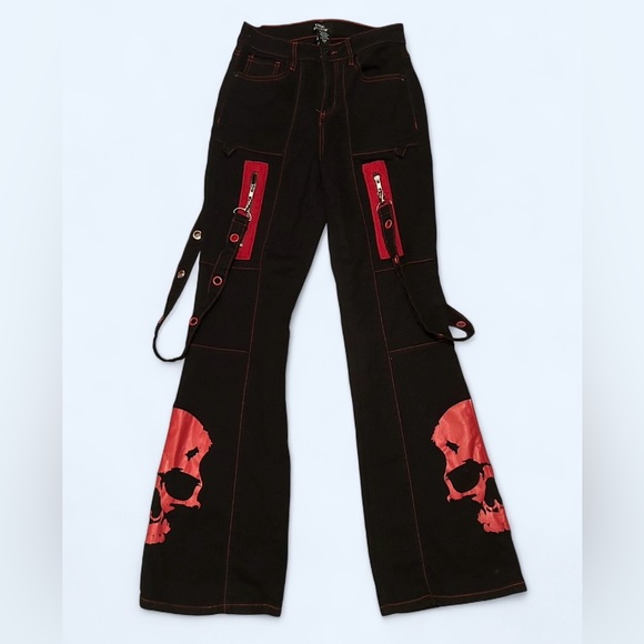 Hot Topic Social Collision Black & Red Skull Suspender Flare Pants - Size 9